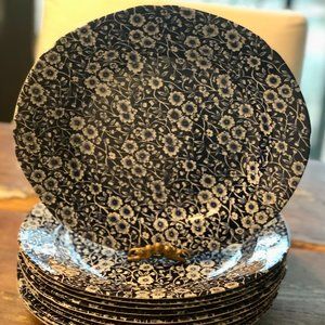 11-Burleigh Blue Staffordshire England Calico Dinner Plates Set Lot 10.5" EUC